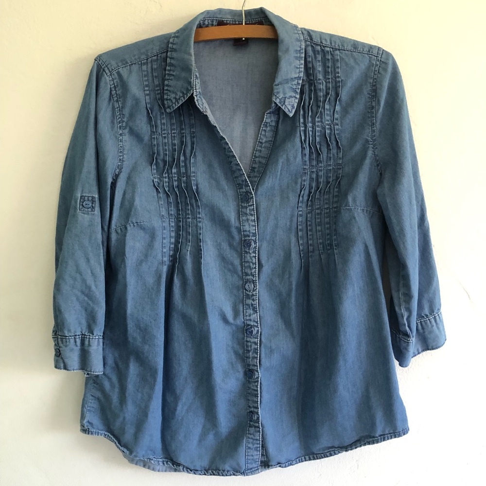 Gloria Vanderbilt Blouse Women's S Jean Button  Up 3/4 Sleeve Roll Tab Farmhouse